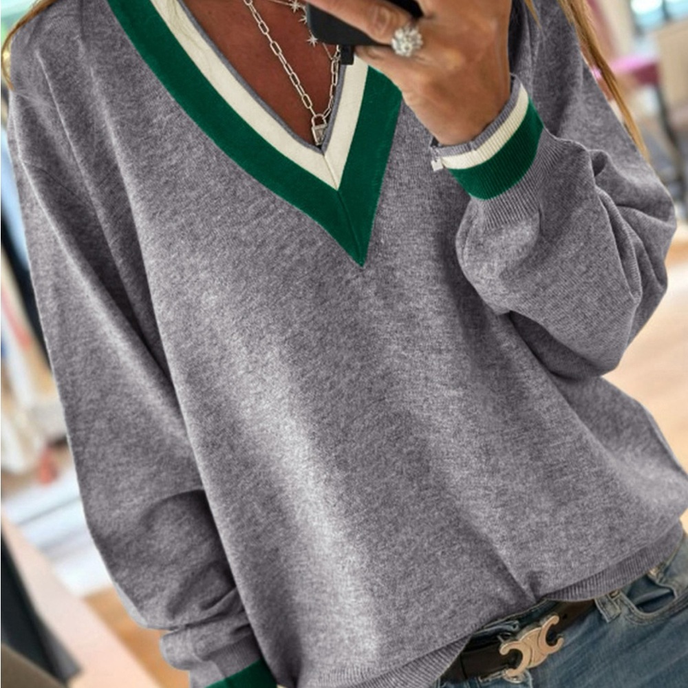 Gray and Green V-Neck Women's Sweater
